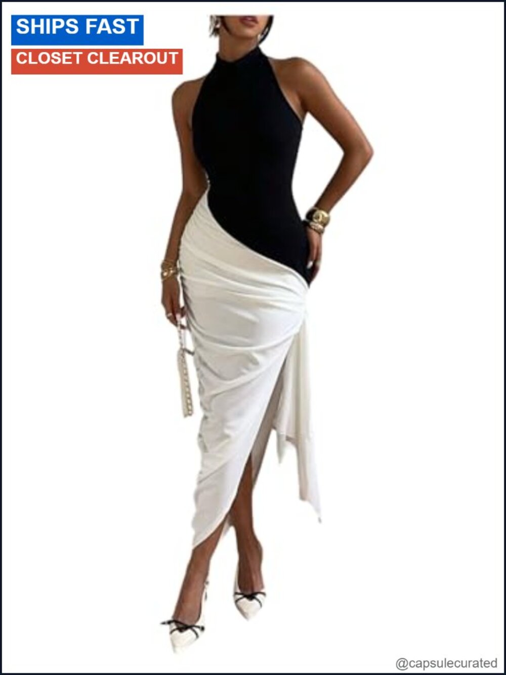 Women's Color Block Halter Bodycon Long Dress Asymmetrical Ruched Party